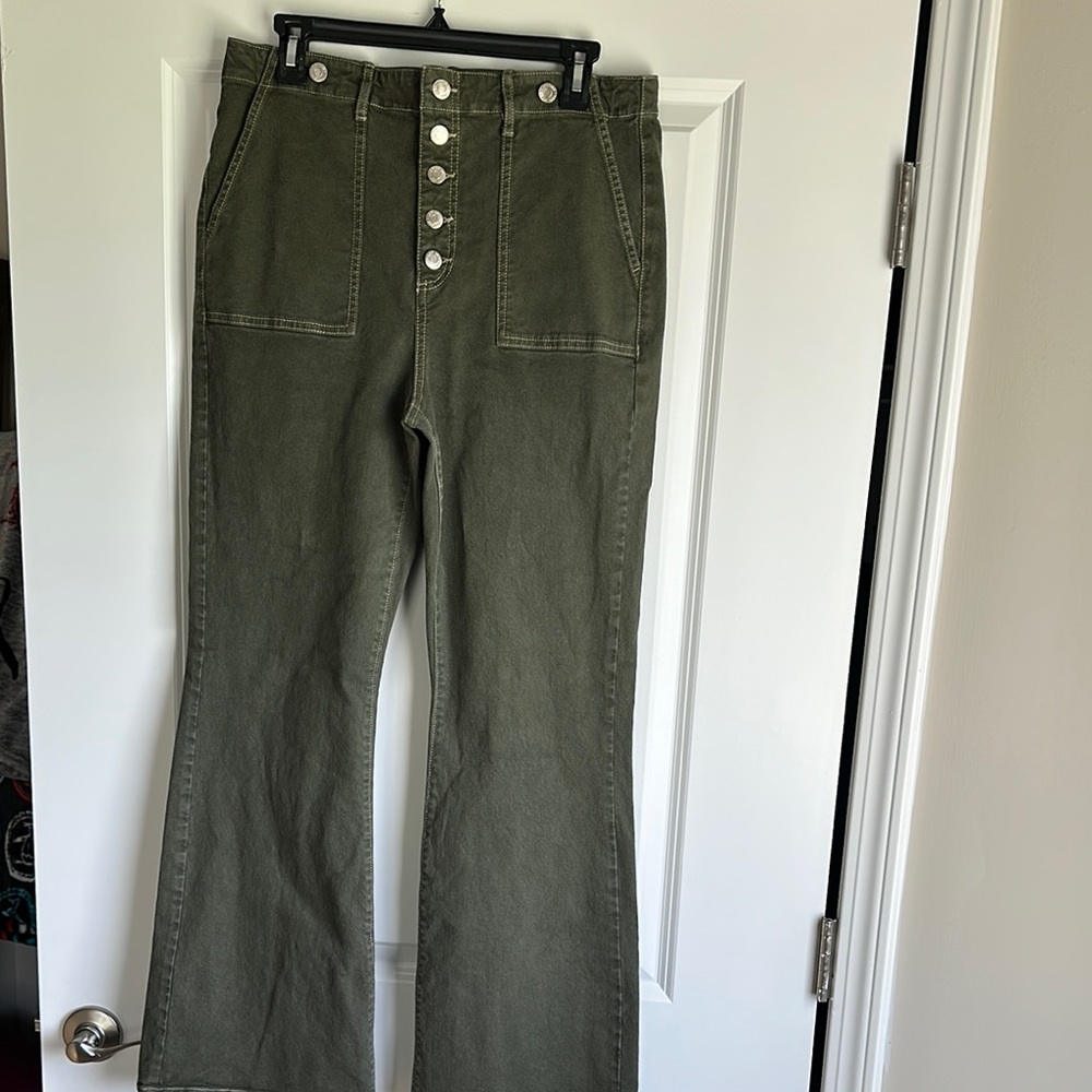 Olive green flared button fly jeans